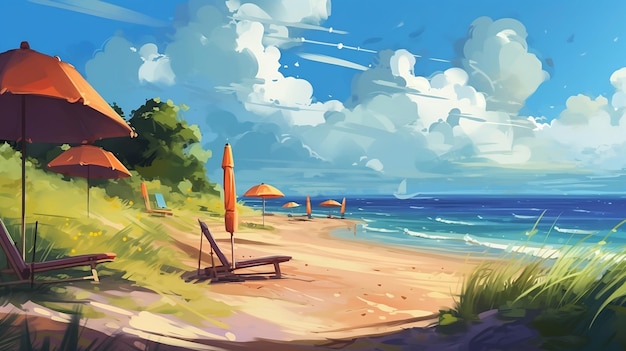 Una pintura de una playa con sombrillas y una silla de playa.