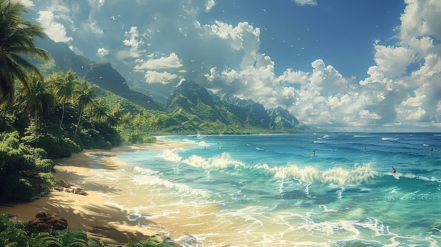 una pintura de una playa con un surfista en el agua