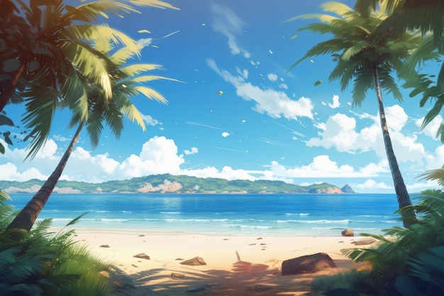 Una pintura de una playa tropical con palmeras IA generativa