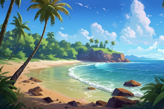 pintura de una playa tropical con palmeras y rocas ai generativo