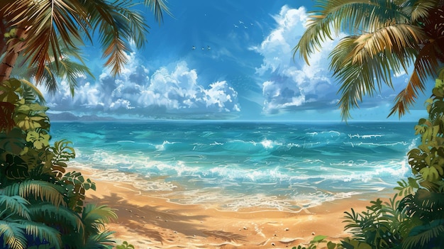 Pintura de playa tropical con palmeras