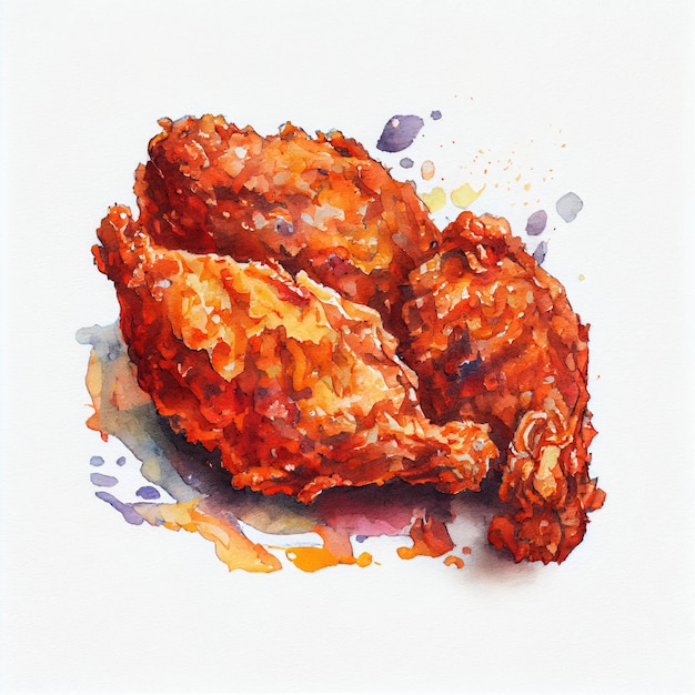 Una pintura de pollo frito con pintura roja y amarilla.