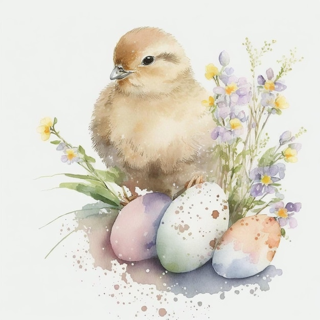 Una pintura de un pollo y huevos con flores.
