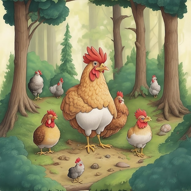 una pintura de un pollo y otros pollos en un bosque generada por IA