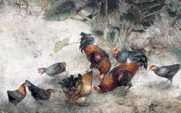 Pintura de pollos comiendo arroz