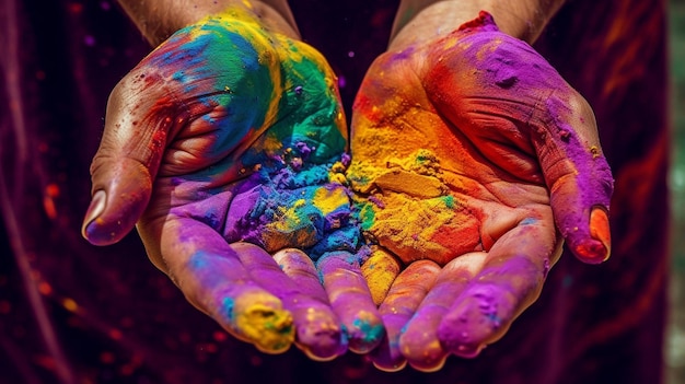 La pintura en polvo de varios colores está por toda una mano generada por la IA