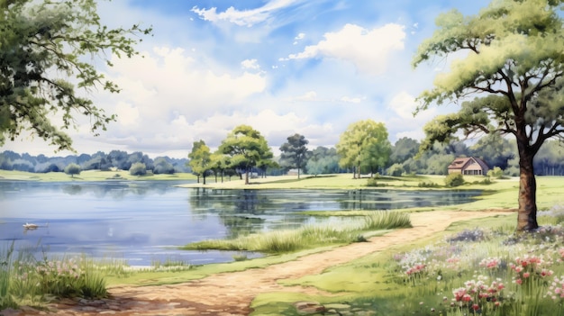 Pintura de prado de verano sereno con parque, lago, campo y río