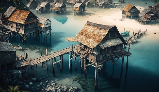Una pintura de un pueblo en el agua con un puente en el medio.
