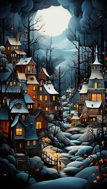 Una pintura de un pueblo en el bosque por la noche imagen ai generativa