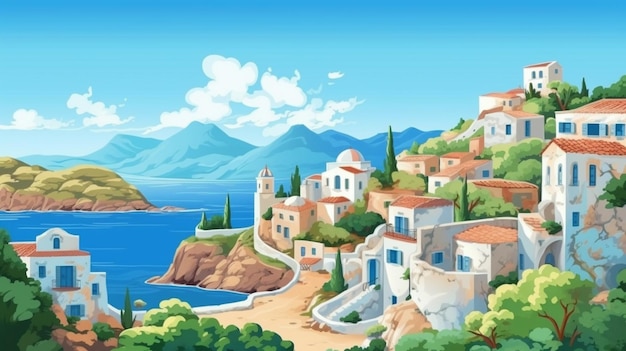 Una pintura de un pueblo en una colina que domina el océano ai generativo