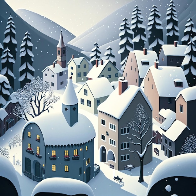 Una pintura de un pueblo cubierto de nieve con un pueblo cubierto de nieve y un árbol cubierto de nieve.