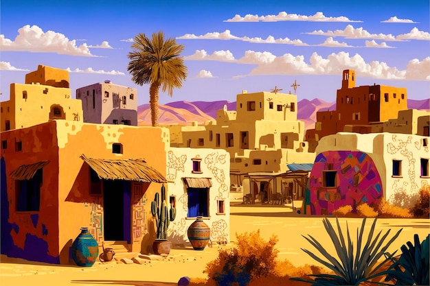 Pintura de un pueblo del desierto en un día soleado ai generativo