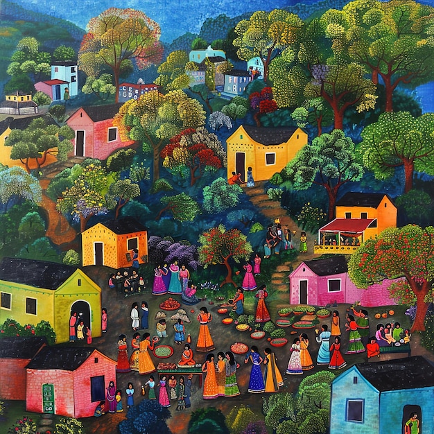 una pintura de un pueblo con una escena colorida con un pueblo en el fondo