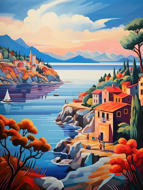 Una pintura de un pueblo junto al agua