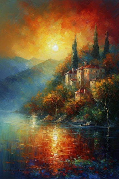 Una pintura de un pueblo junto al lago.