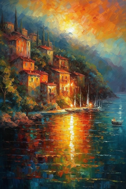 Una pintura de un pueblo junto al mar