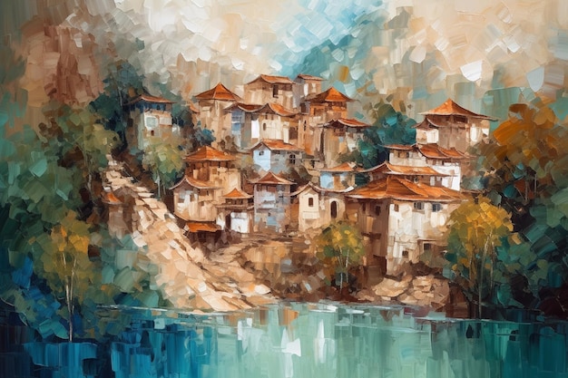 Una pintura de un pueblo junto al río.