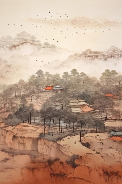 Foto una pintura de un pueblo con una montaña en el fondo