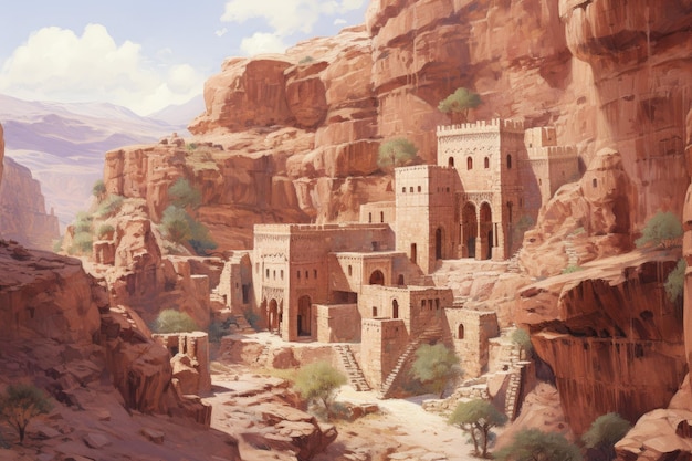 una pintura de un pueblo de montaña llamado el desierto.
