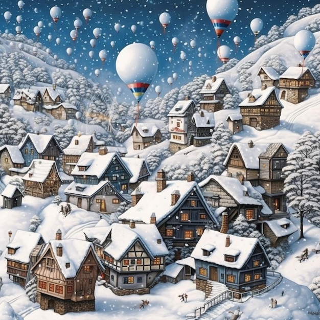 Una pintura de un pueblo nevado con un pueblo cubierto de nieve y globos.