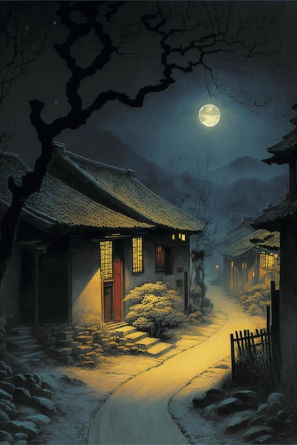 Pintura de un pueblo de noche con luna llena ai generativo