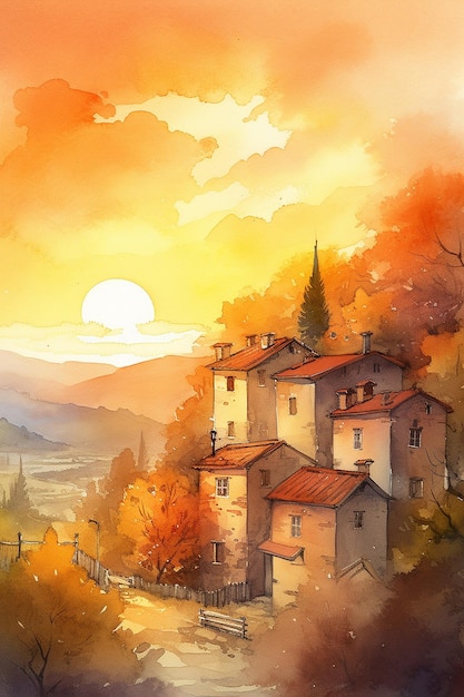 Una pintura de un pueblo en otoño