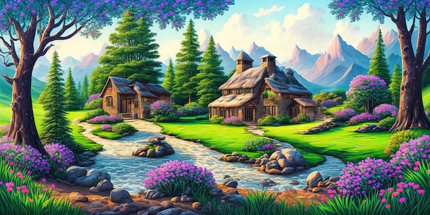 Una pintura de un pueblo con un río y montañas al fondo.