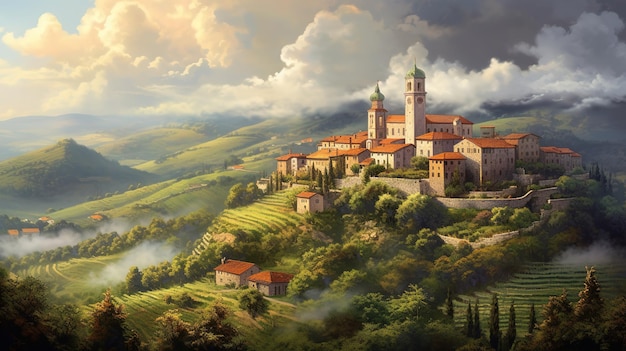 Una pintura de un pueblo en toscana