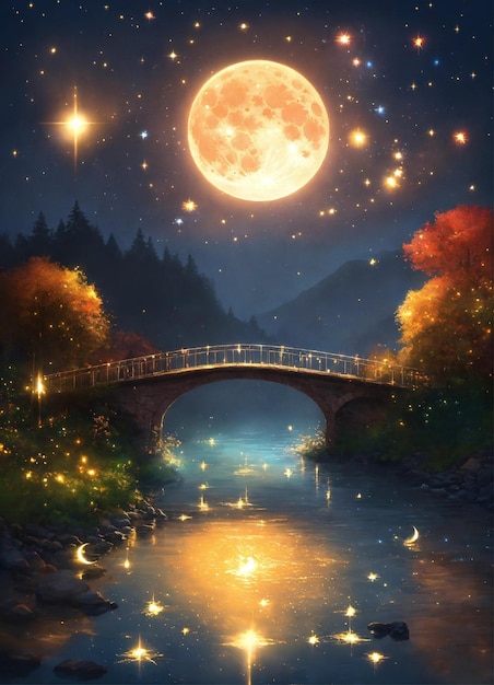 una pintura de un puente y la luna