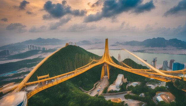 una pintura de un puente con una montaña en el fondo