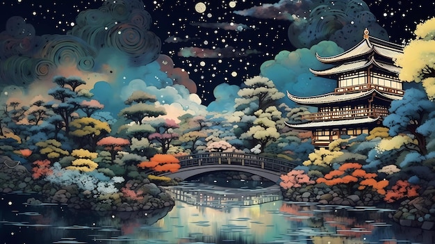 Una pintura de un puente y un puente con una luna al fondo.