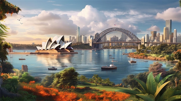 Foto una pintura del puente del puerto de sydney y la ópera de sydney