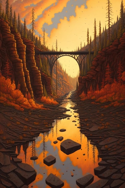 Una pintura de un puente que está en las montañas.