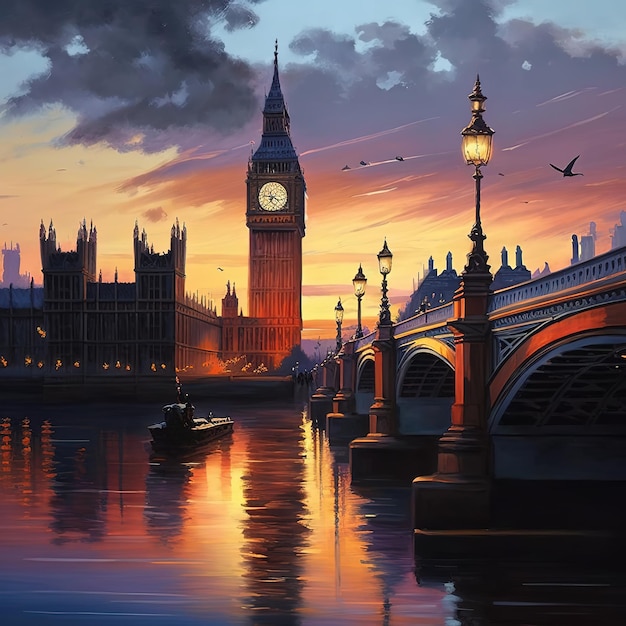 Una pintura de un puente con un reloj que dice big ben.