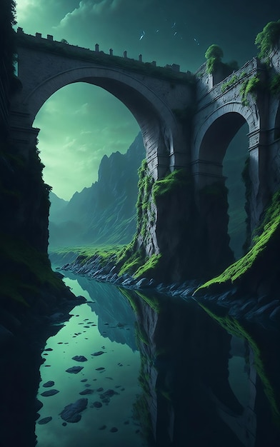 Una pintura de un puente con un río en primer plano y un paisaje verde.
