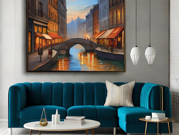 Una pintura de un puente sobre un canal en una sala de estar.