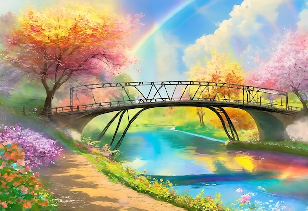 una pintura de un puente sobre un río con un arco iris en el cielo