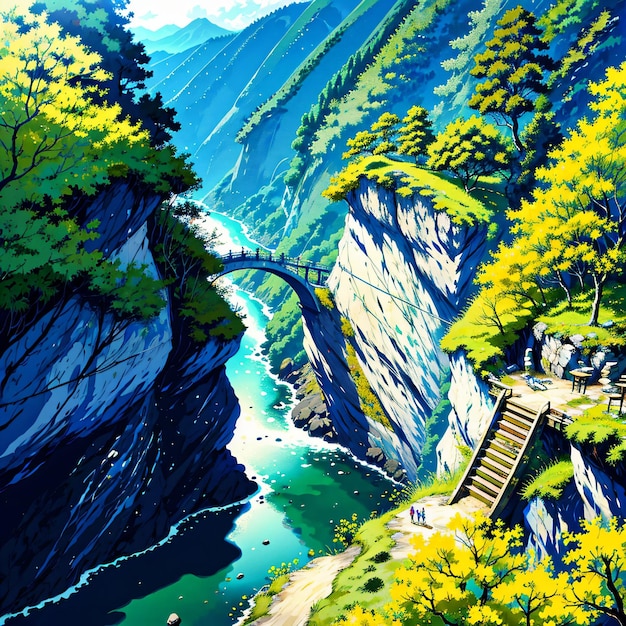 Una pintura de un puente sobre un río con una montaña al fondo.