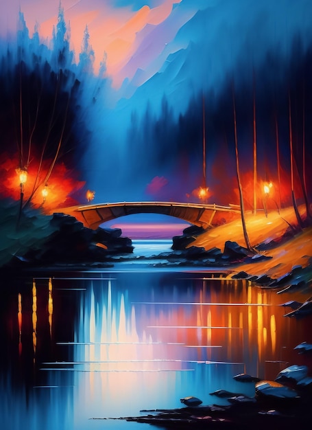 Una pintura de un puente sobre un río con un puente al fondo.