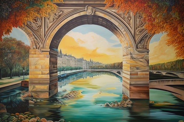 Una pintura de un puente sobre un río con un puente al fondo.