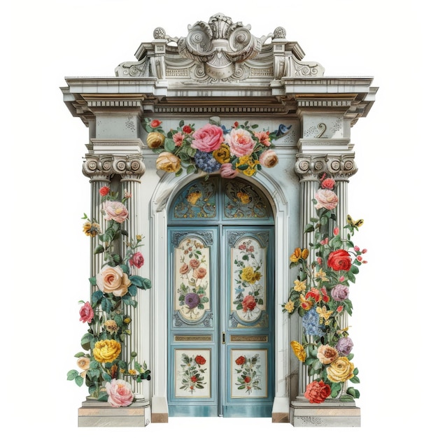 Pintura de una puerta azul con flores