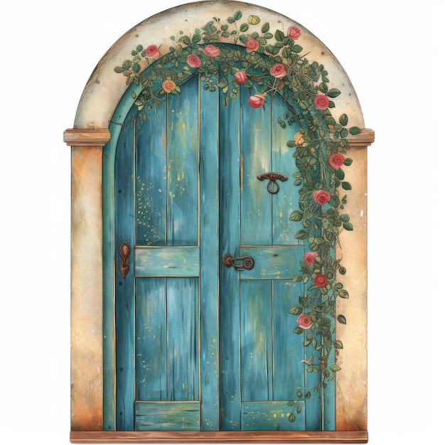 Pintura de la puerta azul con rosas