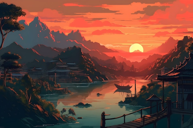 Una pintura de una puesta de sol con un barco en primer plano.