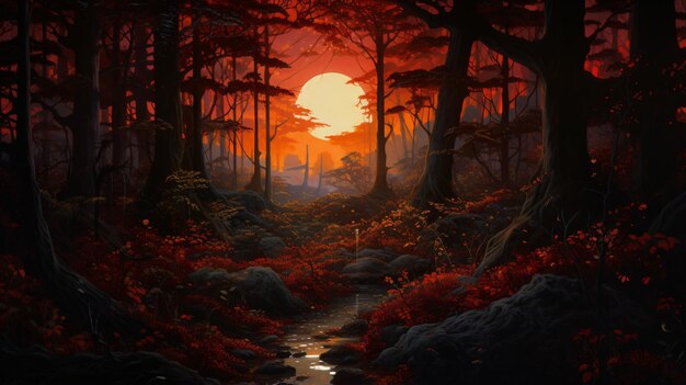 Pintura de una puesta de sol en un bosque con árboles