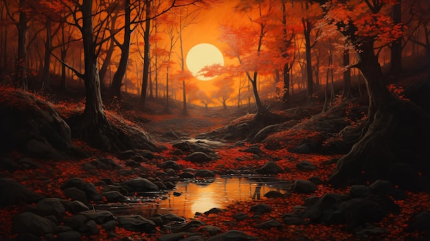 Pintura de una puesta de sol en un bosque con árboles