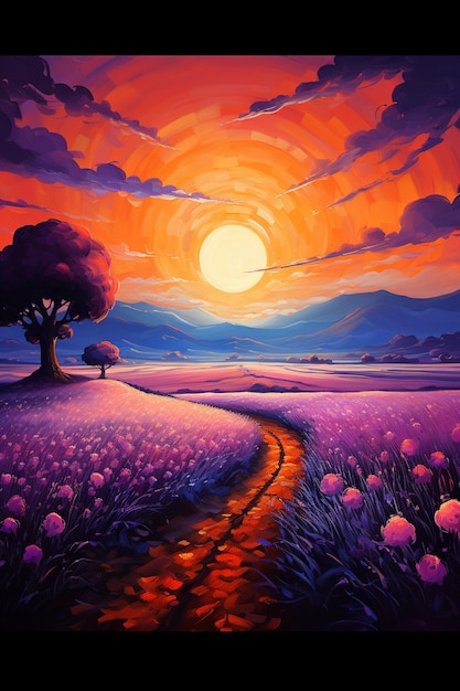 pintura de una puesta de sol con un camino que conduce a un árbol ai generativo