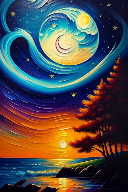 Una pintura de una puesta de sol con un cielo estrellado y la luna.