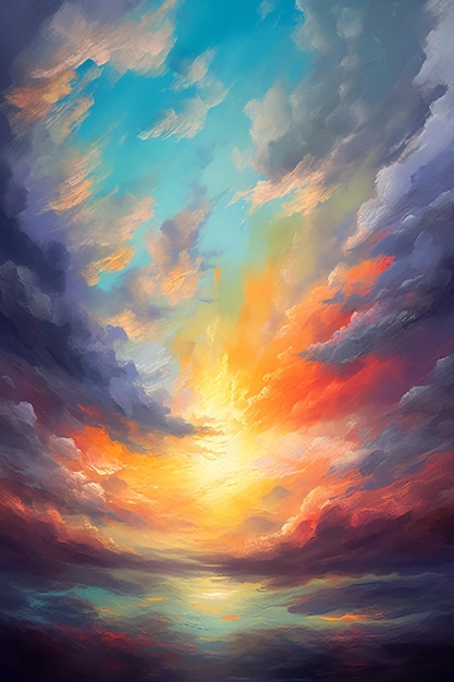 Una pintura de una puesta de sol con cielo y nubes.