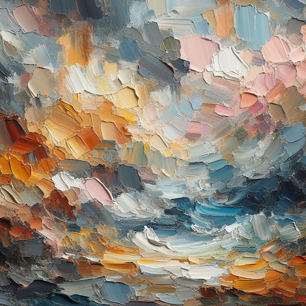 una pintura de una puesta de sol con un cielo nublado