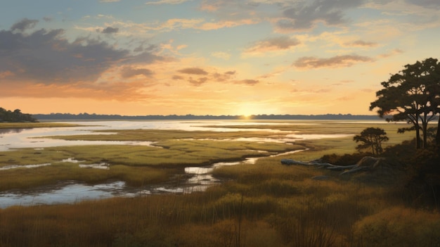Pintura de puesta de sol de la hora dorada representación realista de la ensenada costera